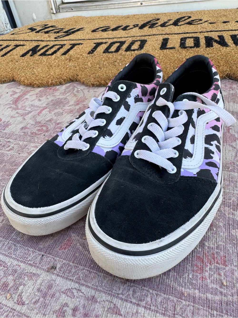 Vans-Style Women's Black & Pink Leopard Print Skate Sneakers